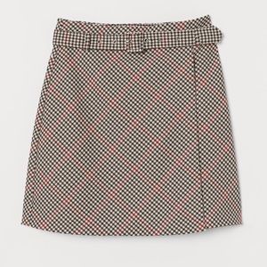 H&M Brown Earthtone Houndstooth Print Belted A Line Wrap Mini Skirt